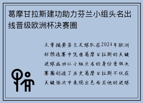 葛摩甘拉斯建功助力芬兰小组头名出线晋级欧洲杯决赛圈