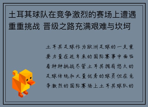 土耳其球队在竞争激烈的赛场上遭遇重重挑战 晋级之路充满艰难与坎坷