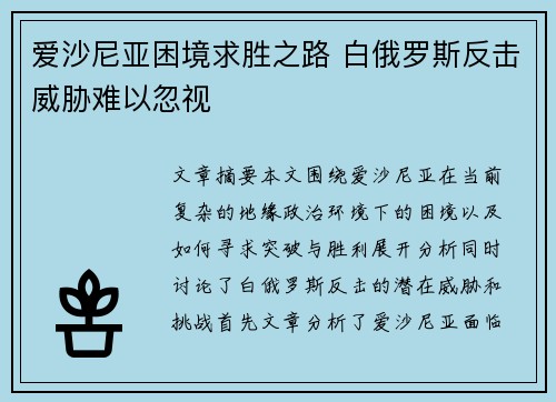 爱沙尼亚困境求胜之路 白俄罗斯反击威胁难以忽视