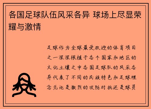 各国足球队伍风采各异 球场上尽显荣耀与激情