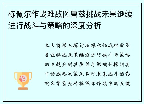 栋佩尔作战难敌图鲁兹挑战未果继续进行战斗与策略的深度分析