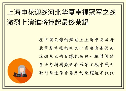 上海申花迎战河北华夏幸福冠军之战激烈上演谁将捧起最终荣耀
