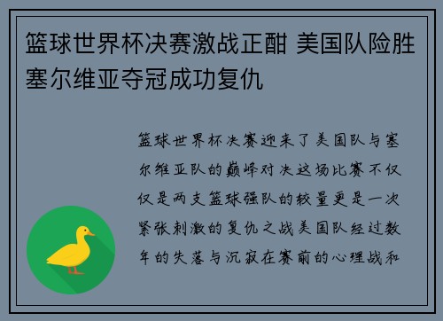 篮球世界杯决赛激战正酣 美国队险胜塞尔维亚夺冠成功复仇